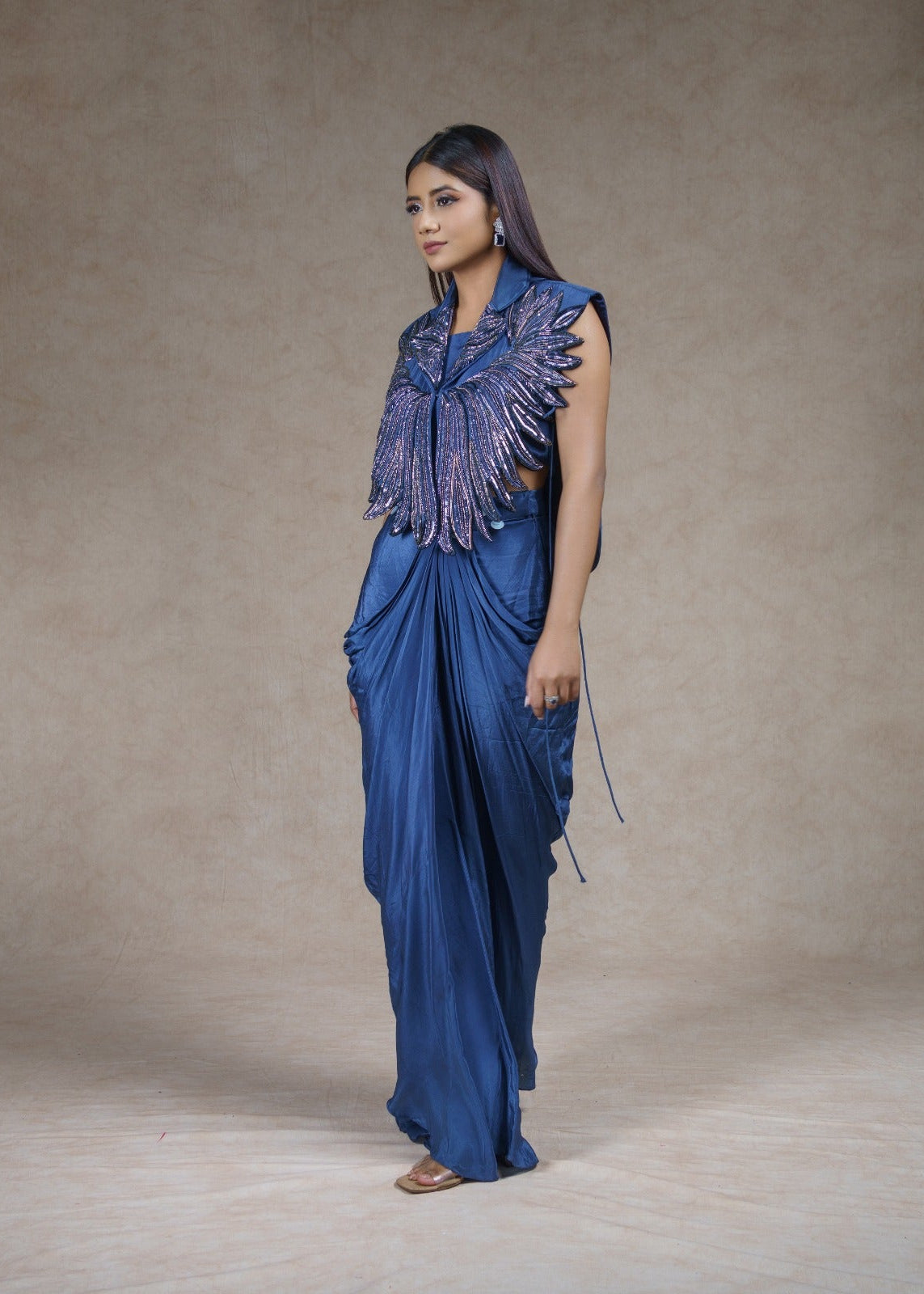 Blue embroidered jacket with drape skirt set
