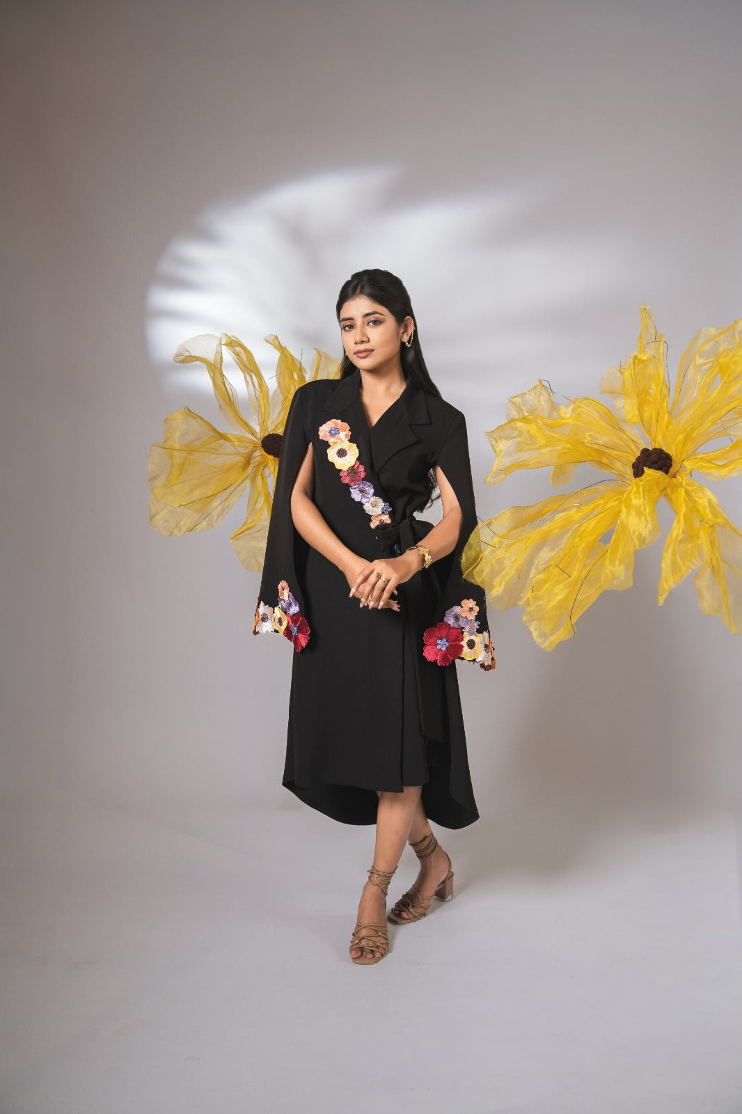 Black embellished floral wrap around dress